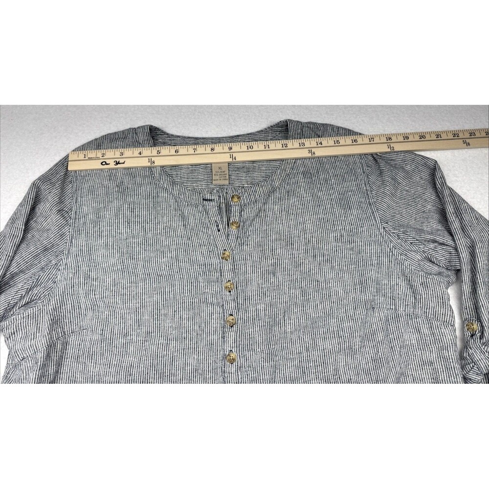 Duluth Trading Womens L Hemp Cotton Tunic Gray White Stripe Henley Long Sleeve - Picture 4 of 10